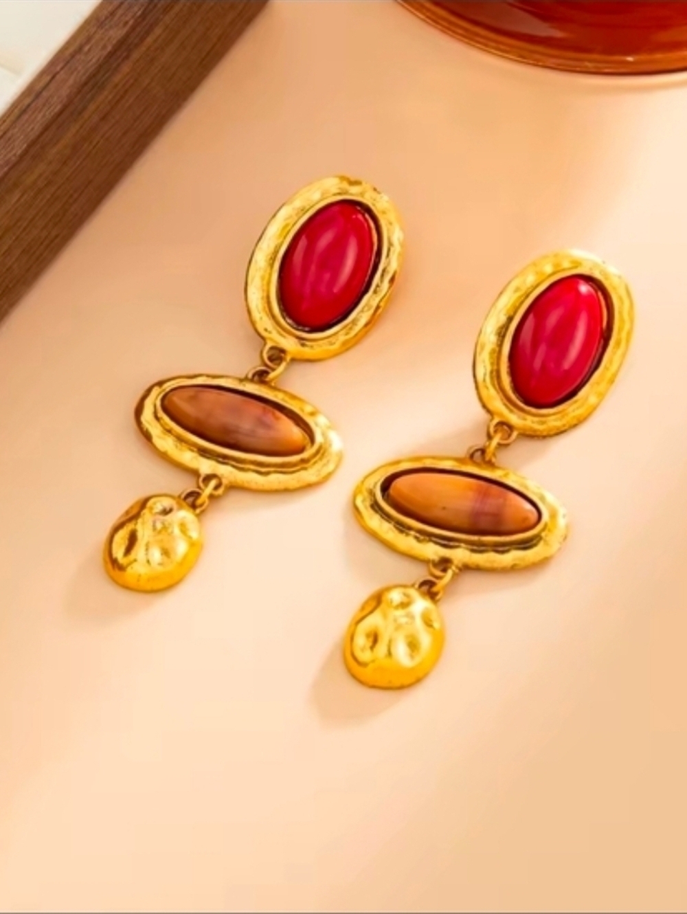 Gold Drop Earrings with Red and Brown Stones - Picture 5 of 5